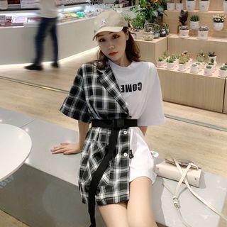 Short-sleeve Plaid Panel T-shirt Black & White - One Size