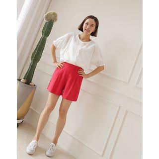 Round-neck Puff-sleeve Perforated Blouse
