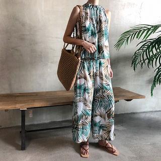Set: Drawcord Halter Foliage Top + Culottes Ivory - One Size