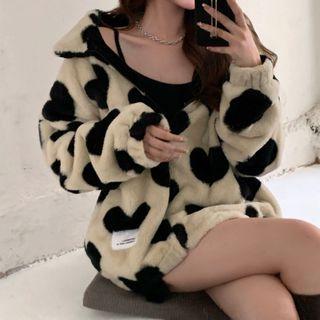 Heart Print Fleece Jacket Milky White - One Size