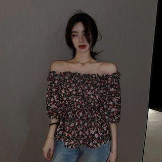 Frilled Trim Floral Print Off-shoulder Top