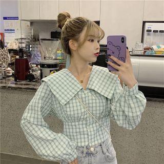 Long-sleeve Wide Collar Plaid Blouse