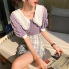 Lace Trim Short-sleeve Blouse / Plaid A-line Skirt