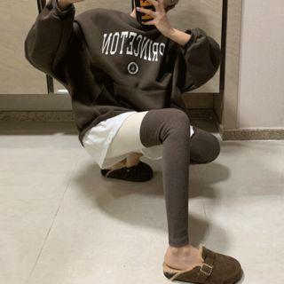 Set: Printed Layered-hem Sweatshirt + Two-tone Leggings