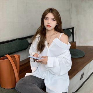 Off Shoulder Plain Button-up Oversize Shirt
