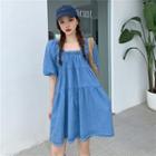 Square Collar Puff-sleeved Denim Dress Blue - One Size