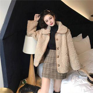 High-waist Plaid Skirt / Contrast Trim Shearling Coat