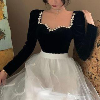 Long-sleeve Velvet Top / Mesh Midi A-line Skirt