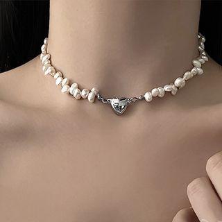 Heart Alloy Freshwater Pearl Choker 1pc - Silver & White - One Size
