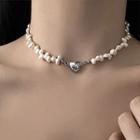 Heart Alloy Freshwater Pearl Choker 1pc - Silver & White - One Size