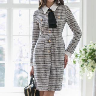 Long-sleeve Plaid Buttoned Sheath Dress