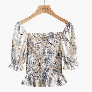 Short-sleeve Floral Smocked Top Blue - One Size