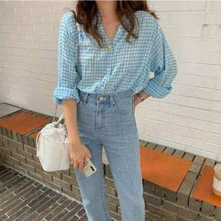 Long-sleeve Plaid Blouse Blue - One Size