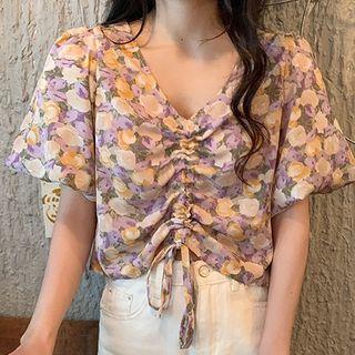 Drawstring Floral Print Short-sleeve Cropped Blouse
