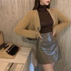 Cropped Cardigan / Long-sleeve Top / Faux Leather Mini Pencil Skirt