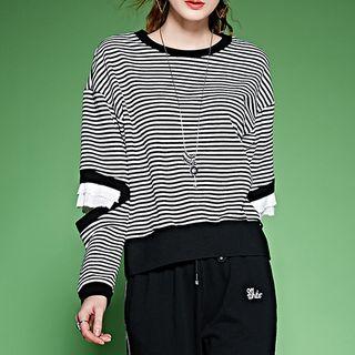 Frill Trim Cut Out Detail Striped Pullover