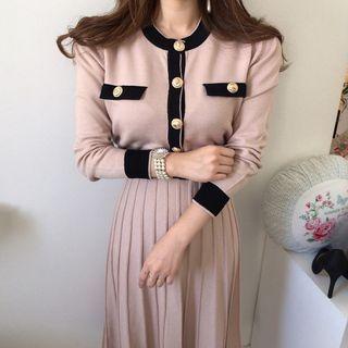 Long-sleeve Contrast Trim Buttoned Knit Midi Dress Khaki - One Size