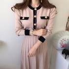 Long-sleeve Contrast Trim Buttoned Knit Midi Dress Khaki - One Size
