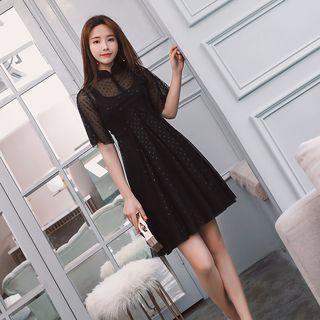 Short-sleeve Mock Collar Heart Print Mini A-line Mesh Dress