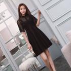 Short-sleeve Mock Collar Heart Print Mini A-line Mesh Dress