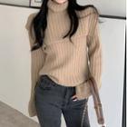 Set: Long-sleeve Ribbed Knit Top + Turtleneck Shawl