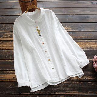 Long-sleeve Embroidered Peter Pan Collar Shirt Off-white - One Size