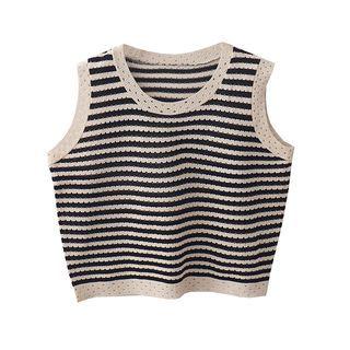 Sleeveless Striped Pointelle Knit Top Black Stripe - Almond - One Size