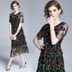 Short-sleeve Floral Embroidered Mesh A-line Midi Dress