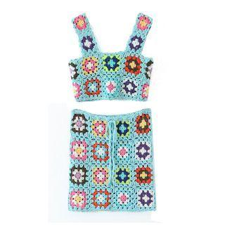 Set: Color Block Crochet Tank Top + Mini Pencil Skirt Blue - One Size