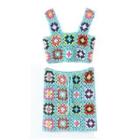 Set: Color Block Crochet Tank Top + Mini Pencil Skirt Blue - One Size