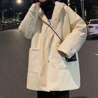 Hooded Fleece-lined Faux Leather Button-up Coat