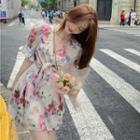 Puff-sleeve V-neck Print Mini A-line Dress