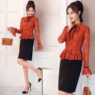 Bell-sleeve Lace Panel Peplum Dress