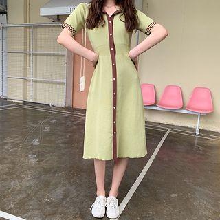 Short-sleeve Midi Knit Polo Dress Green - One Size