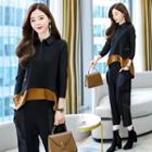 Set: Two-tone Half Placket Shirt + Harem Pants