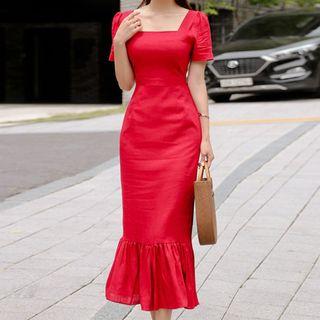 Short-sleeve Ruffle Hem Midi Sheath Dress