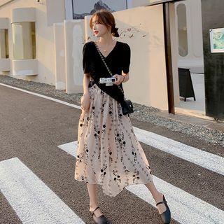 Set: V-neck Asymmetrical T-shirt + Floral Midi A-line Skirt