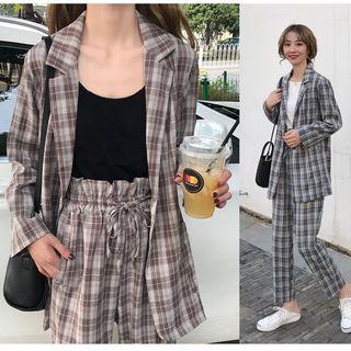 Plaid Blazer / High Waist Straight-cut Pants