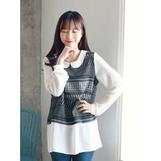 Peter Pan-collar Jacquard-panel Chiffon Top