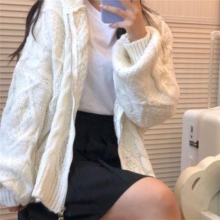 Long-sleeve Plain Cable Knit Hooded Jacket White - One Size
