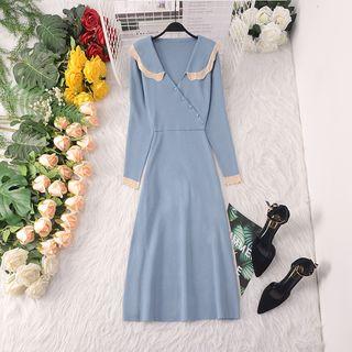 Long-sleeve Midi Knit Dress Blue - One Size