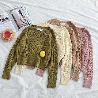 Plain V-neck Cable-knit Long-sleeve Sweater
