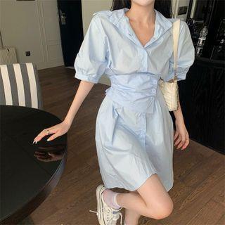 Puff-sleeve Mini A-line Shirtdress Blue - One Size