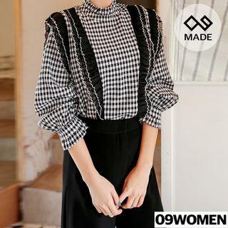 Tall Size Smocked-neck Frill-trim Gingham Top
