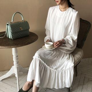 Puff-sleeve Frill-tiered Long Dress