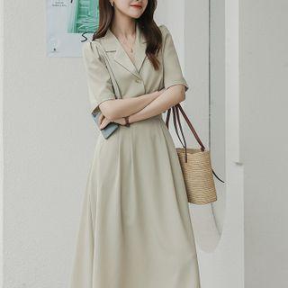 Set: Short-sleeve Plain Blouse + Midi A-line Skirt