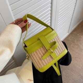 Woven Panel Faux Leather Bucket Crossbody Bag