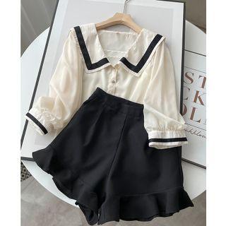 Elbow-sleeve V-neck Blouse / Ruffle Shorts