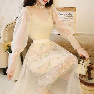 Set: Long-sleeve Top + Pleated Midi Skirt + Camisole Top