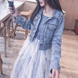 Set: Denim Jacket + Spaghetti Strap Midi Dress
